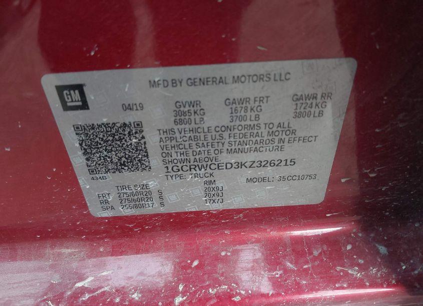 Photo 9 of 2019 Chevrolet Silverado 1500 LT (VIN 1GCRWCED3KZ326215)