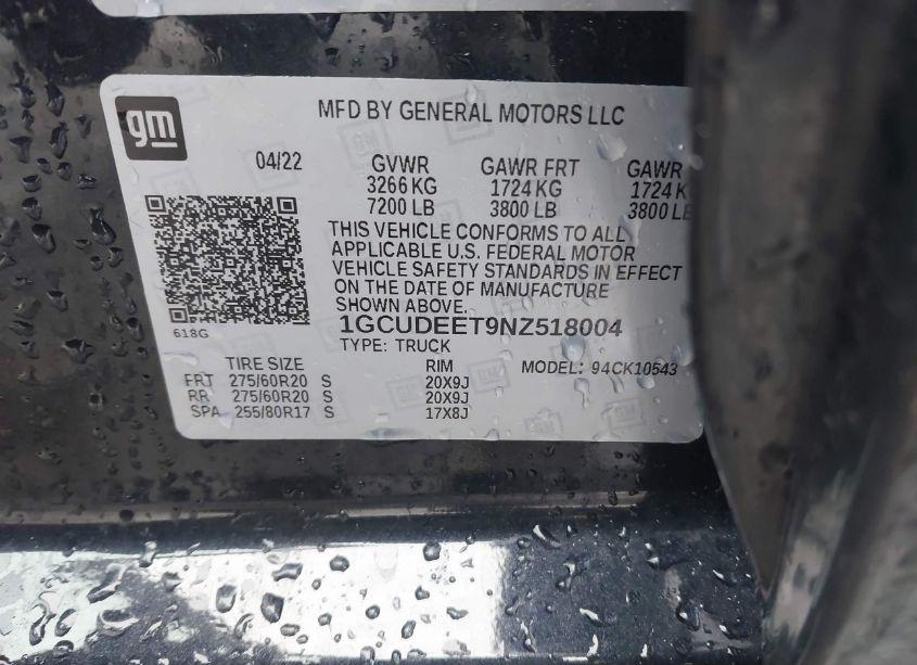 Photo 9 of 2022 Chevrolet Silverado 1500 4WD SHORT BED RST (VIN 1GCUDEET9NZ518004)
