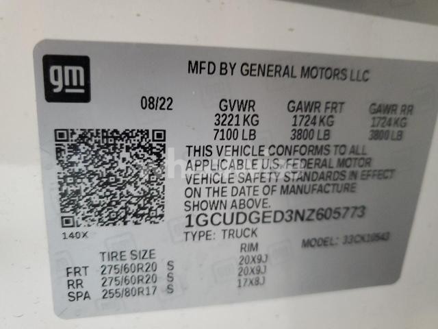 Photo 2 of 2022 CHEVROLET SILVERADO K1500 LTZ (VIN 1GCUDGED3NZ605773)