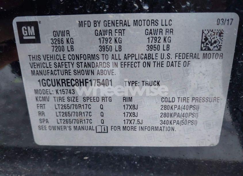 Photo 9 of 2017 Chevrolet Silverado 1500 1LT (VIN 1GCUKREC8HF175401)