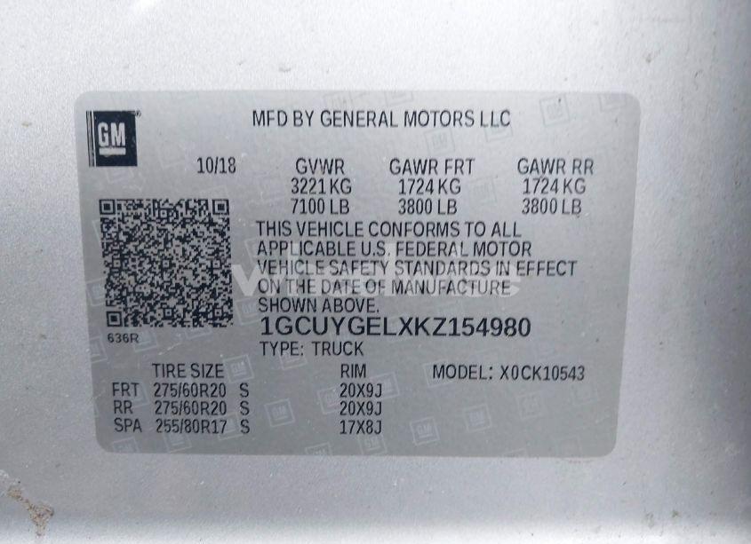 Photo 9 of 2019 Chevrolet Silverado 1500 LTZ (VIN 1GCUYGELXKZ154980)