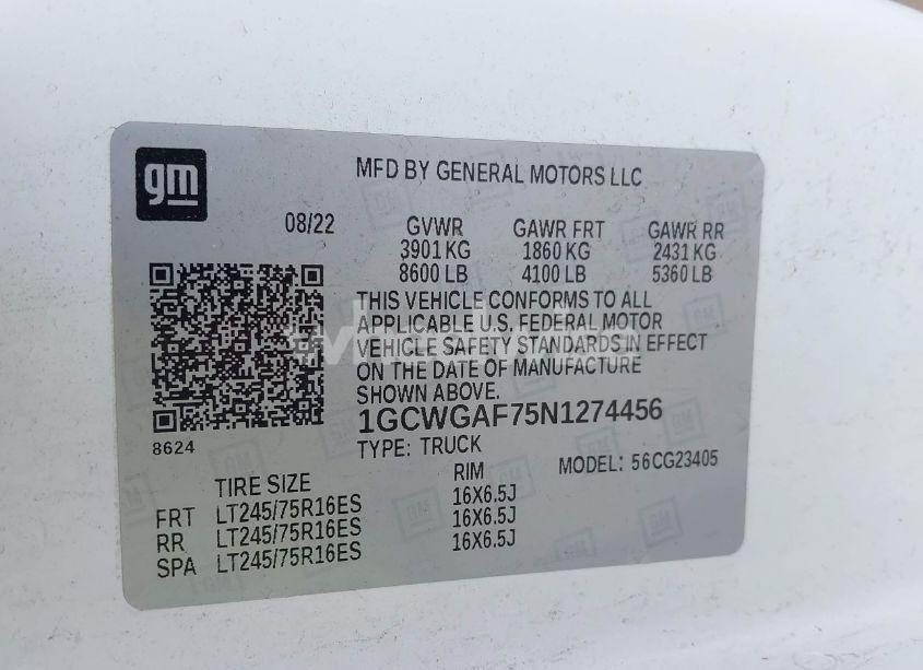 Photo 9 of 2022 Chevrolet Express CARGO RWD 2500 REGULAR WHEELBASE WT (VIN 1GCWGAF75N1274456)