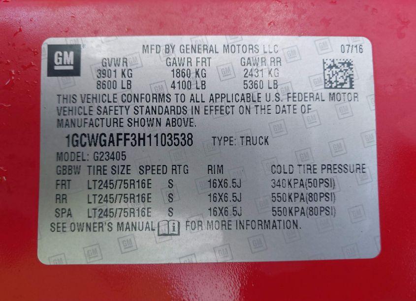 Photo 9 of 2017 Chevrolet Express 2500 WORK VAN (VIN 1GCWGAFF3H1103538)