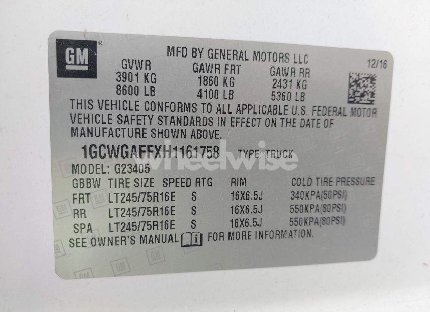 Photo 9 of 2017 Chevrolet Express 2500 WORK VAN (VIN 1GCWGAFFXH1161758)