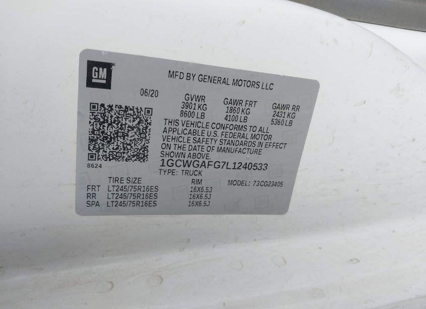 Photo 9 of 2020 Chevrolet Express CARGO RWD 2500 REGULAR WHEELBASE WT (VIN 1GCWGAFG7L1240533)