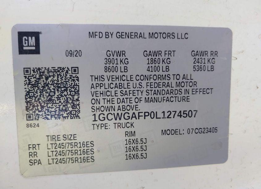 Photo 9 of 2020 Chevrolet Express CARGO RWD 2500 REGULAR WHEELBASE WT (VIN 1GCWGAFP0L1274507)