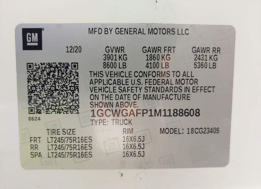 Photo 9 of 2021 Chevrolet Express CARGO RWD 2500 REGULAR WHEELBASE WT (VIN 1GCWGAFP1M1188608)