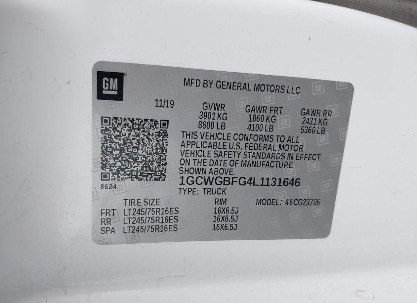 Photo 9 of 2020 Chevrolet Express CARGO RWD 2500 EXTENDED WHEELBASE WT (VIN 1GCWGBFG4L1131646)