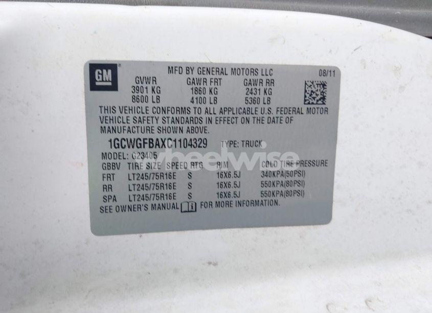 Photo 9 of 2012 Chevrolet Express 2500 WORK VAN (VIN 1GCWGFBAXC1104329)