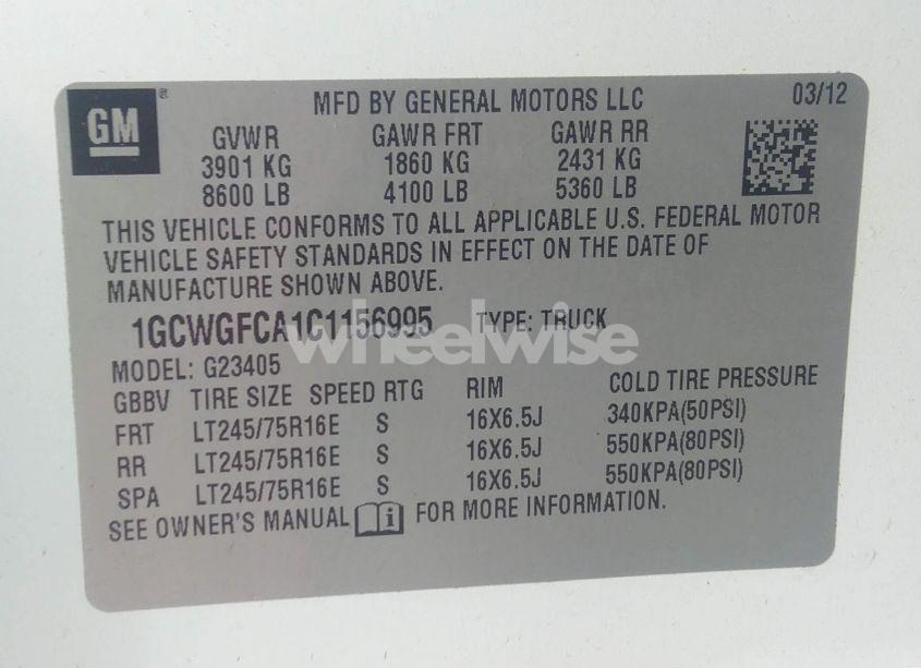 Photo 9 of 2012 Chevrolet Express 2500 WORK VAN (VIN 1GCWGFCA1C1156995)