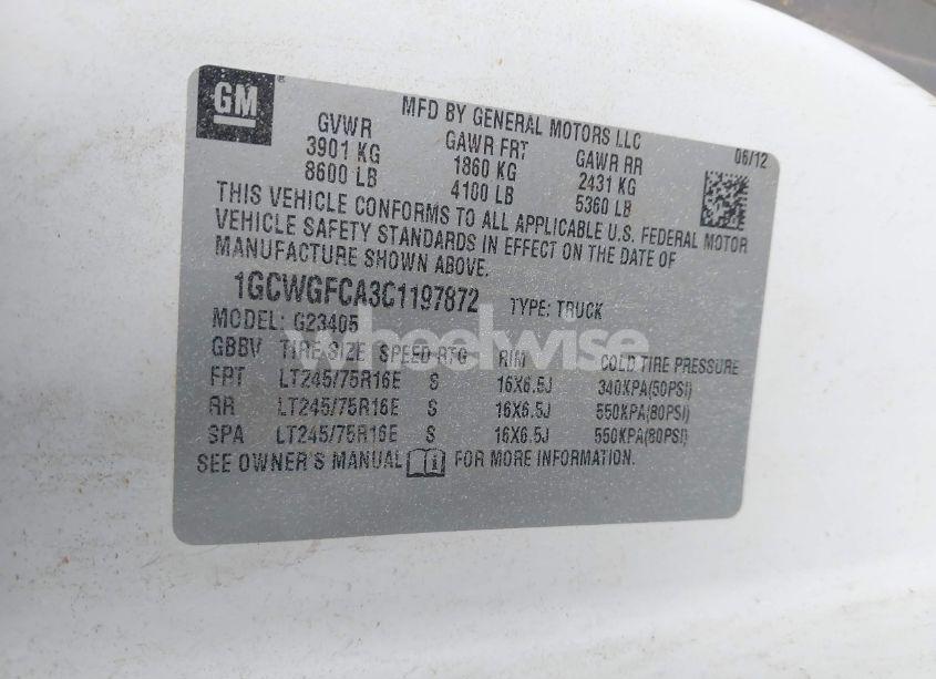 Photo 9 of 2012 Chevrolet Express 2500 WORK VAN (VIN 1GCWGFCA3C1197872)