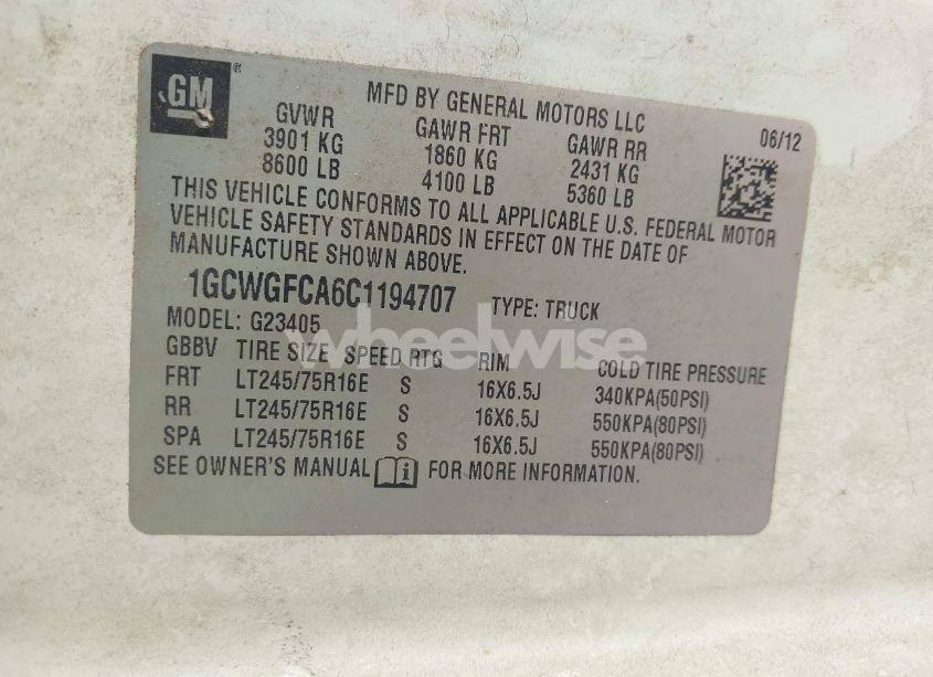 Photo 9 of 2012 Chevrolet Express 2500 WORK VAN (VIN 1GCWGFCA6C1194707)