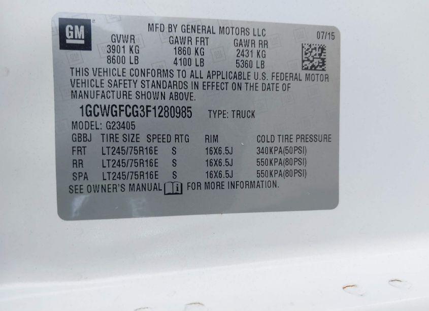 Photo 9 of 2015 Chevrolet Express 2500 WORK VAN (VIN 1GCWGFCG3F1280985)