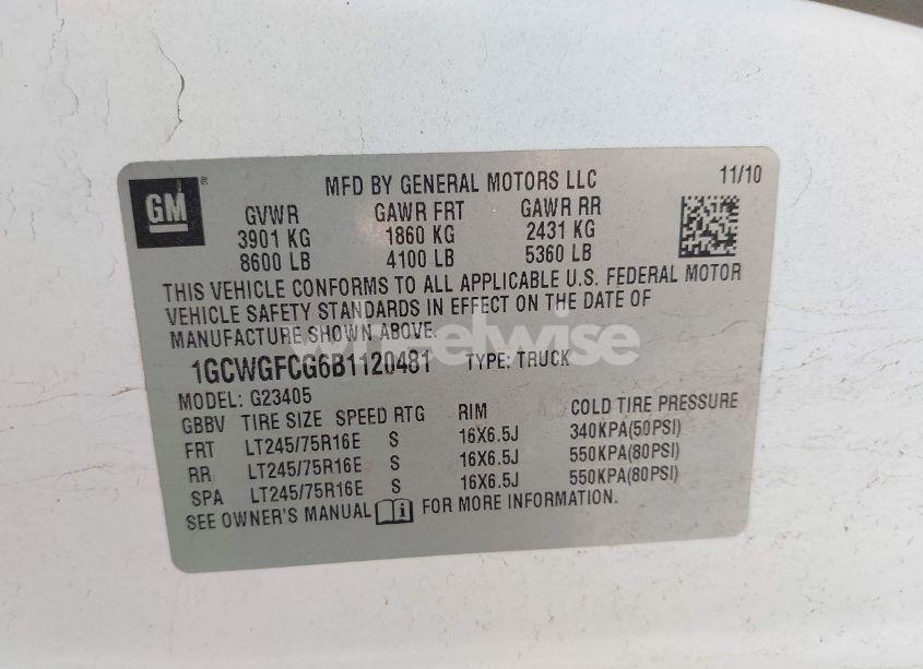 Photo 9 of 2011 Chevrolet Express 2500 WORK VAN (VIN 1GCWGFCG6B1120481)