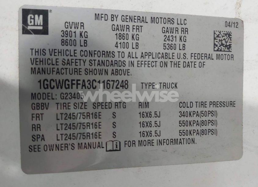 Photo 9 of 2012 Chevrolet Express 2500 WORK VAN (VIN 1GCWGFFA3C1167248)