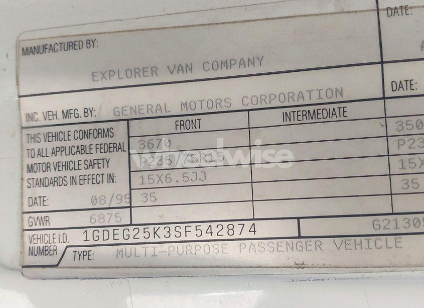 Photo 9 of 1995 Gmc Rally WAGON / VAN G2500 (VIN 1GDEG25K3SF542874)