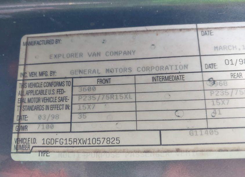 Photo 9 of 1998 Gmc Savana RV (VIN 1GDFG15RXW1057825)