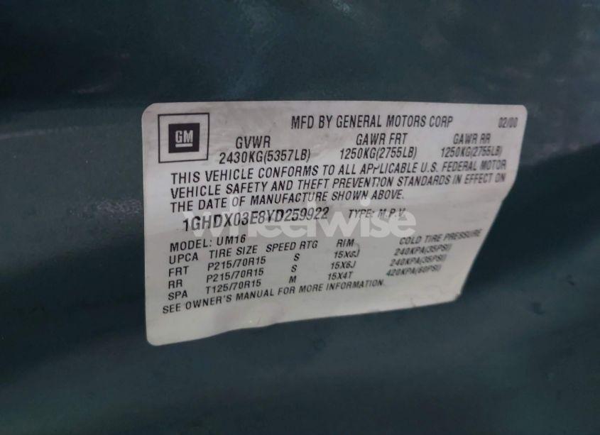 Photo 9 of 2000 Oldsmobile Silhouette GLS (VIN 1GHDX03E8YD259922)