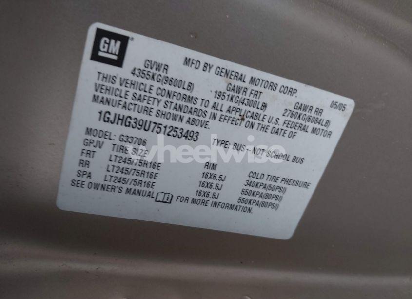 Photo 9 of 2005 Gmc Savana STANDARD (VIN 1GJHG39U751253493)