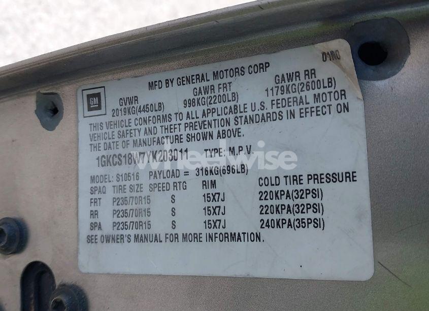 Photo 9 of 2000 Gmc Jimmy SLS CONVENIENCE (VIN 1GKCS18W7YK203011)