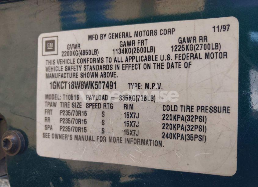 Photo 9 of 1998 Gmc Jimmy SLS (VIN 1GKCT18W8WK507491)