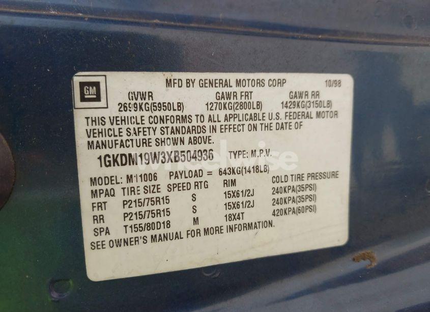 Photo 9 of 1999 Gmc Safari SLT (VIN 1GKDM19W3XB504936)