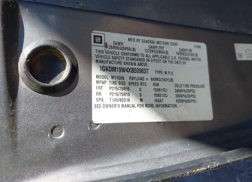 Photo 9 of 1999 Gmc Safari SLT (VIN 1GKDM19W4XB509837)