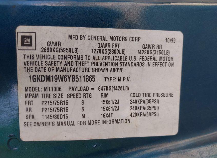 Photo 9 of 2000 Gmc Safari SL (VIN 1GKDM19W6YB511865)