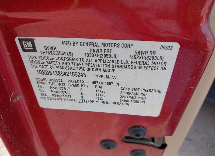 Photo 9 of 2004 Gmc Envoy SLE (VIN 1GKDS13S942185243)