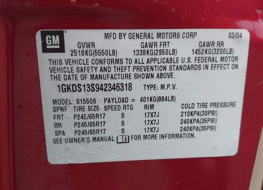 Photo 9 of 2004 Gmc Envoy SLT (VIN 1GKDS13S942346318)