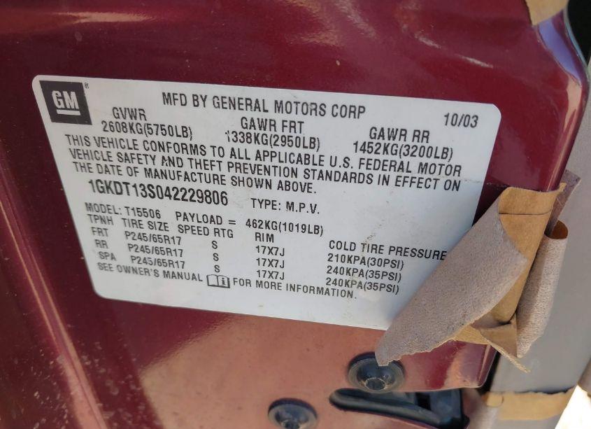 Photo 9 of 2004 Gmc Envoy SLT (VIN 1GKDT13S042229806)