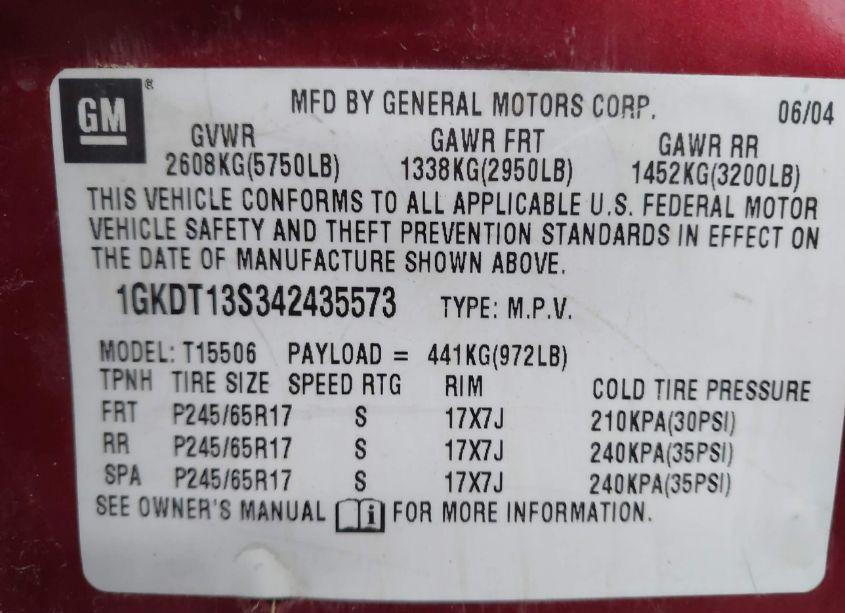 Photo 9 of 2004 Gmc Envoy SLT (VIN 1GKDT13S342435573)