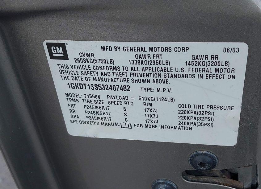 Photo 9 of 2003 Gmc Envoy SLE (VIN 1GKDT13S532407482)