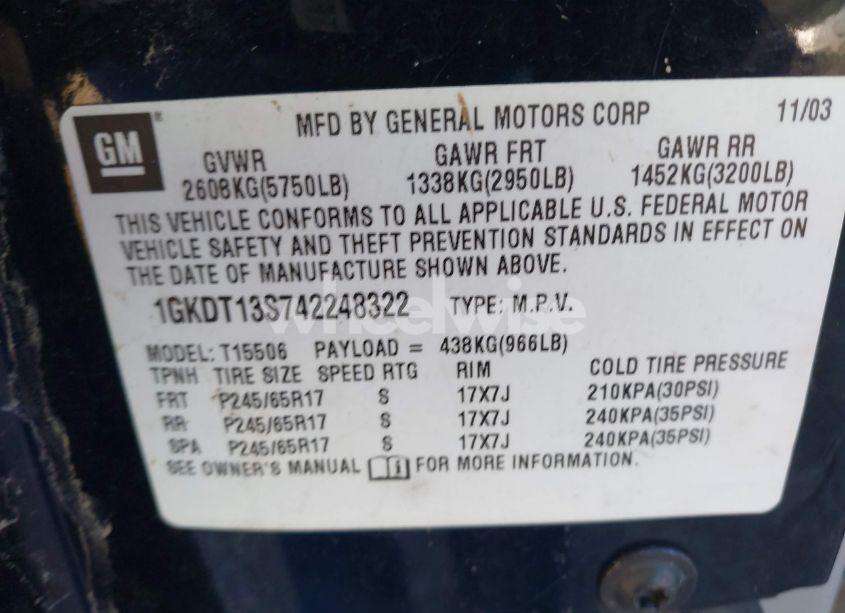 Photo 9 of 2004 Gmc Envoy SLT (VIN 1GKDT13S742248322)