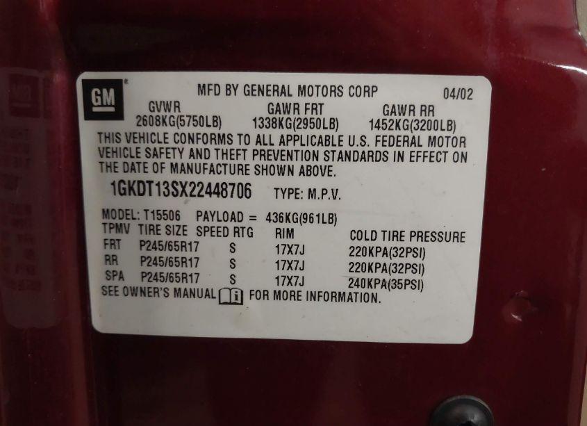 Photo 9 of 2002 Gmc Envoy SLT (VIN 1GKDT13SX22448706)