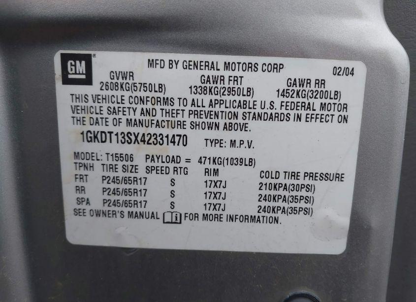 Photo 9 of 2004 Gmc Envoy SLE (VIN 1GKDT13SX42331470)