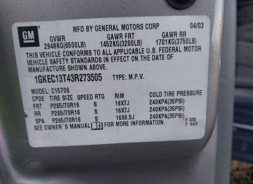 Photo 9 of 2003 Gmc Yukon SLT (VIN 1GKEC13T43R273505)