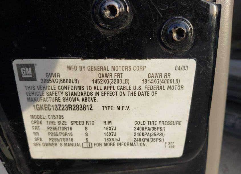 Photo 9 of 2003 Gmc Yukon SLT (VIN 1GKEC13Z23R283812)