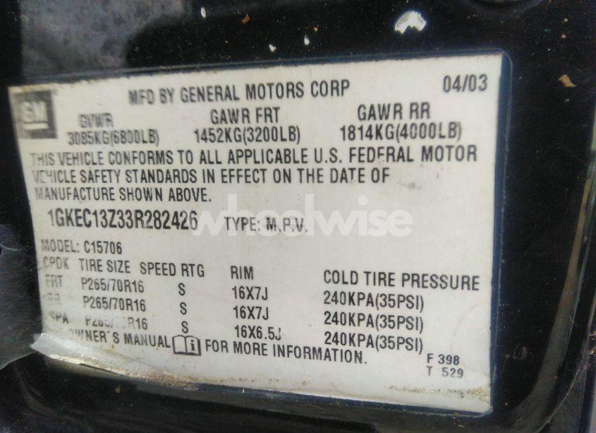 Photo 9 of 2003 Gmc Yukon SLT (VIN 1GKEC13Z33R282426)