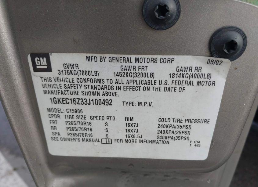 Photo 9 of 2003 Gmc Yukon XL 1500 SLT (VIN 1GKEC16Z33J100492)