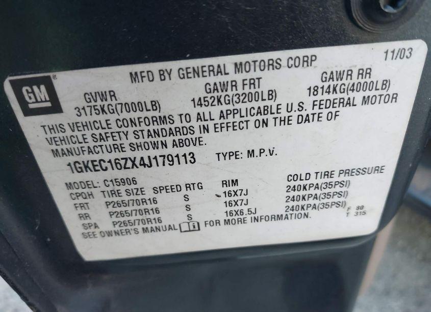 Photo 9 of 2004 Gmc Yukon XL 1500 SLT (VIN 1GKEC16ZX4J179113)