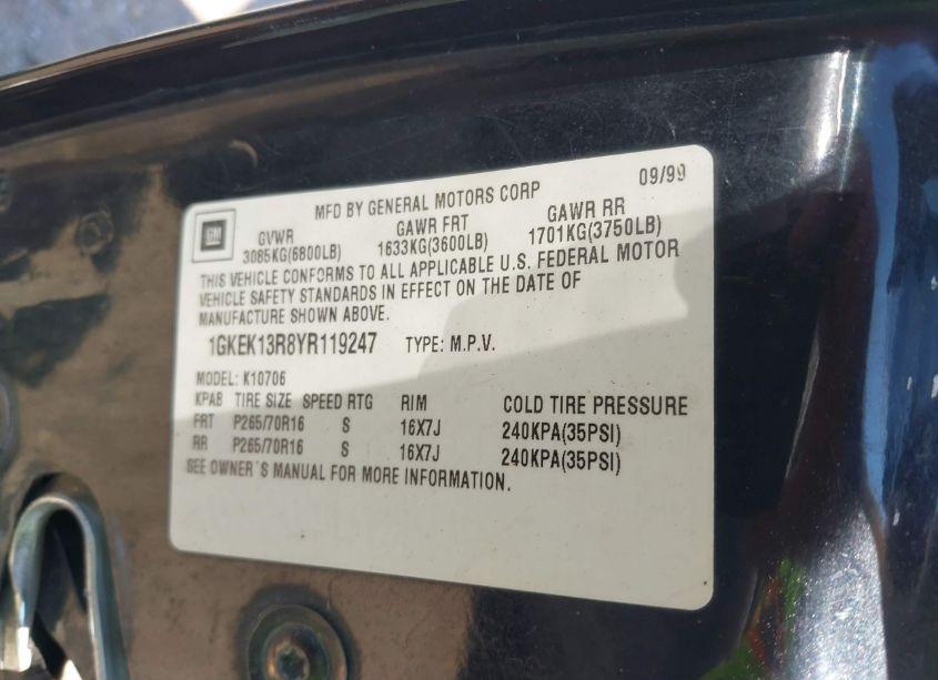 Photo 9 of 2000 Gmc Yukon DENALI (VIN 1GKEK13R8YR119247)