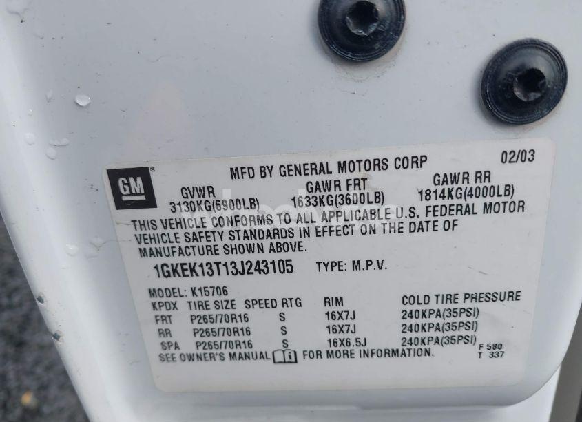 Photo 9 of 2003 Gmc Yukon SLT (VIN 1GKEK13T13J243105)