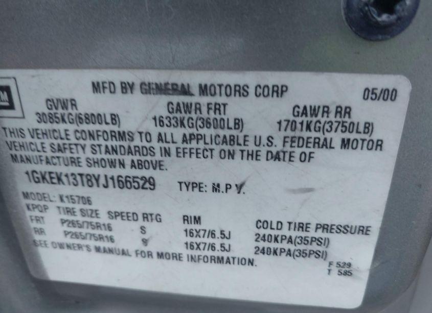 Photo 9 of 2000 Gmc Yukon SLT (VIN 1GKEK13T8YJ166529)