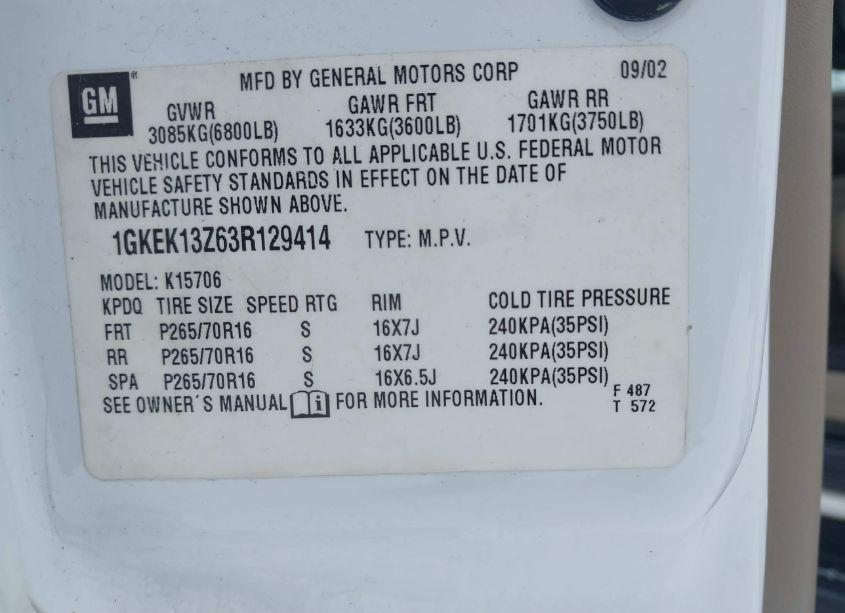 Photo 9 of 2003 Gmc Yukon SLT (VIN 1GKEK13Z63R129414)