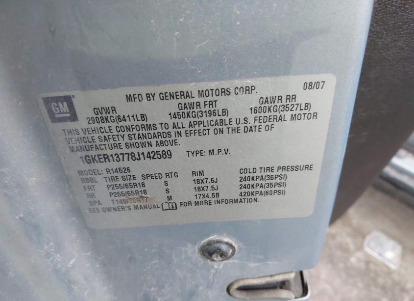 Photo 9 of 2008 Gmc Acadia SLE-1 (VIN 1GKER13778J142589)