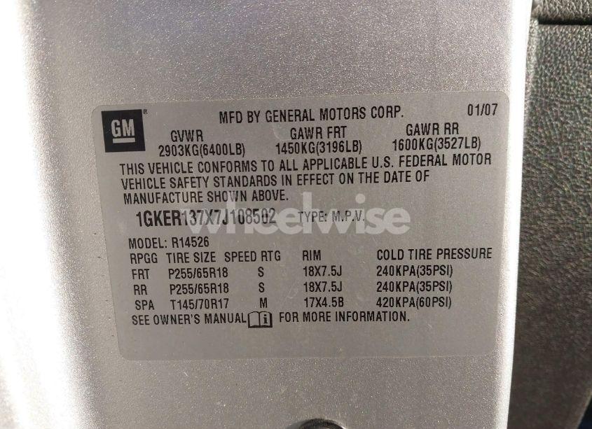 Photo 9 of 2007 Gmc Acadia SLE-1 (VIN 1GKER137X7J108502)