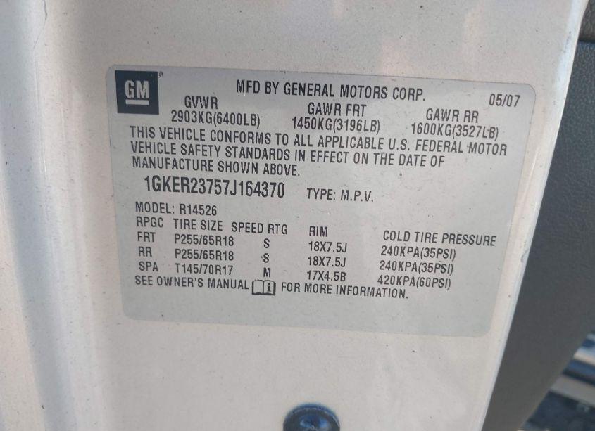Photo 9 of 2007 Gmc Acadia SLT-1 (VIN 1GKER23757J164370)