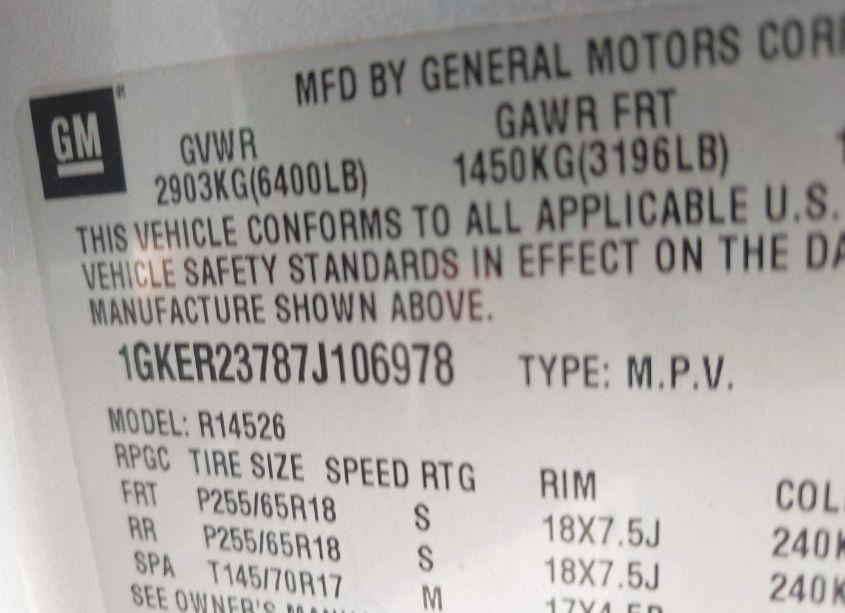Photo 9 of 2007 Gmc Acadia SLT-1 (VIN 1GKER23787J106978)