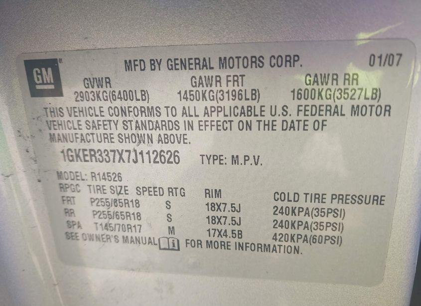 Photo 9 of 2007 Gmc Acadia SLT-1 (VIN 1GKER337X7J112626)